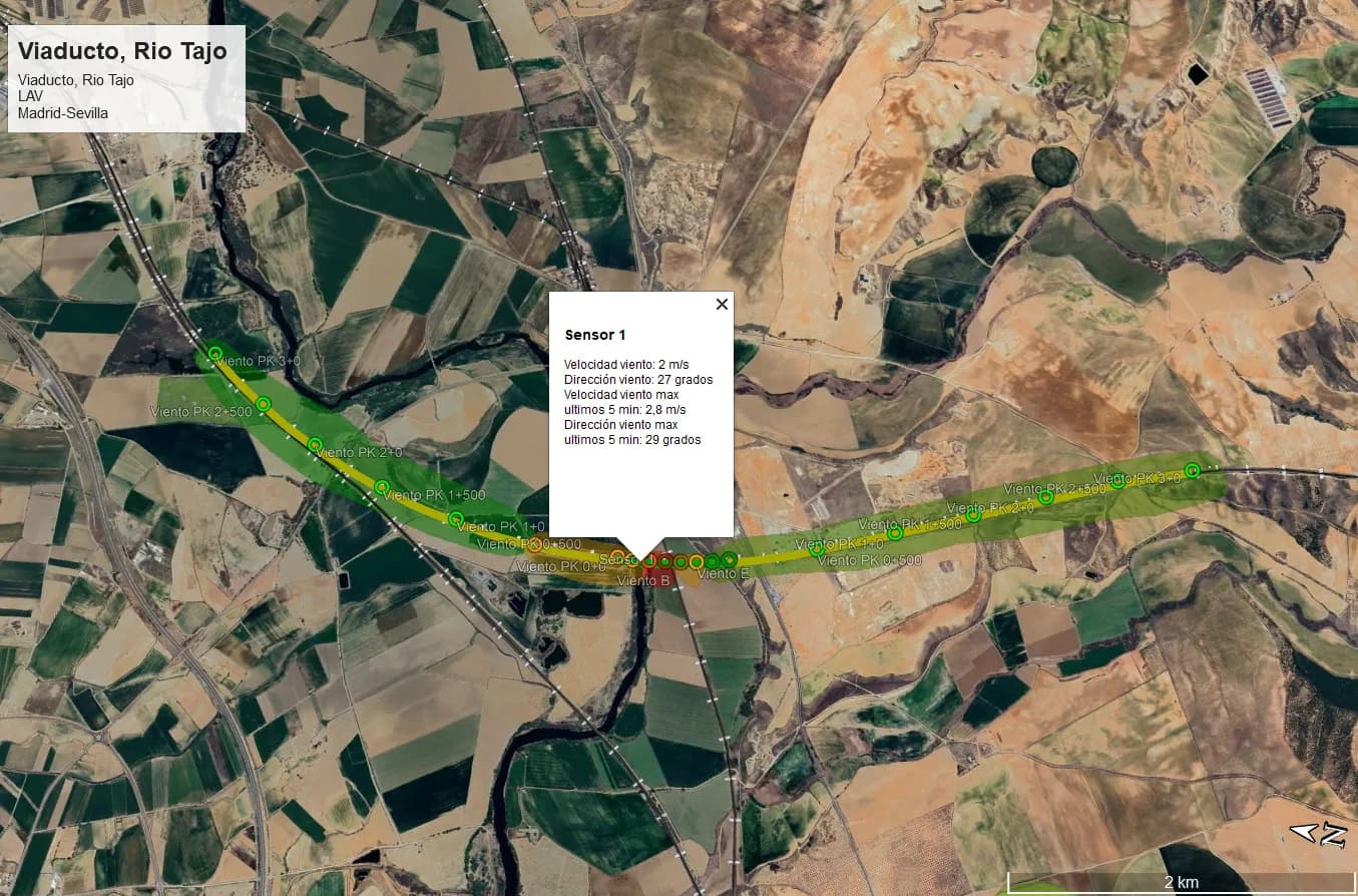 Vista cartográfica de una red de puntos de medida desplegada a lo largo de un tramo ferroviario