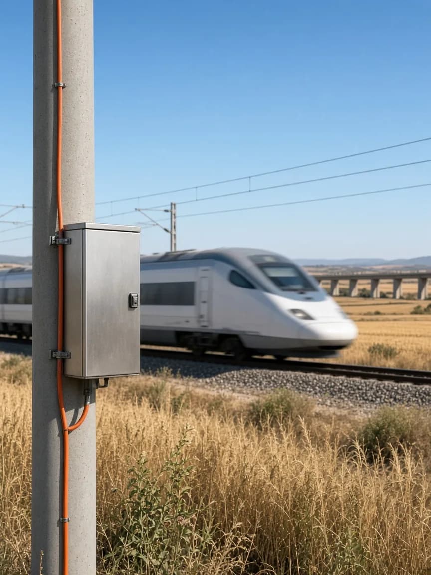 Caja de medida en un poste de catenaria, con un tren de alta velocidad en servicio al fondo