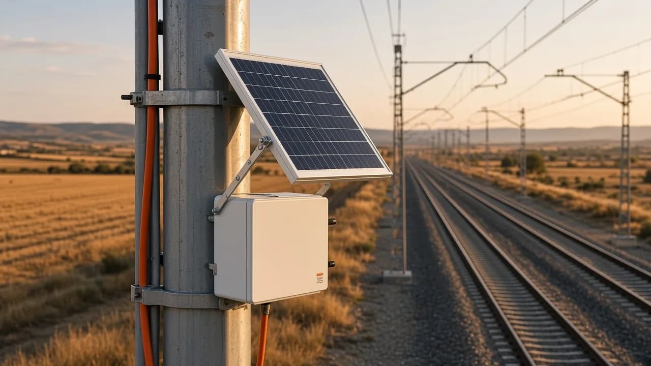 Nodo de campo con panel solar junto a una línea electrificada al atardecer